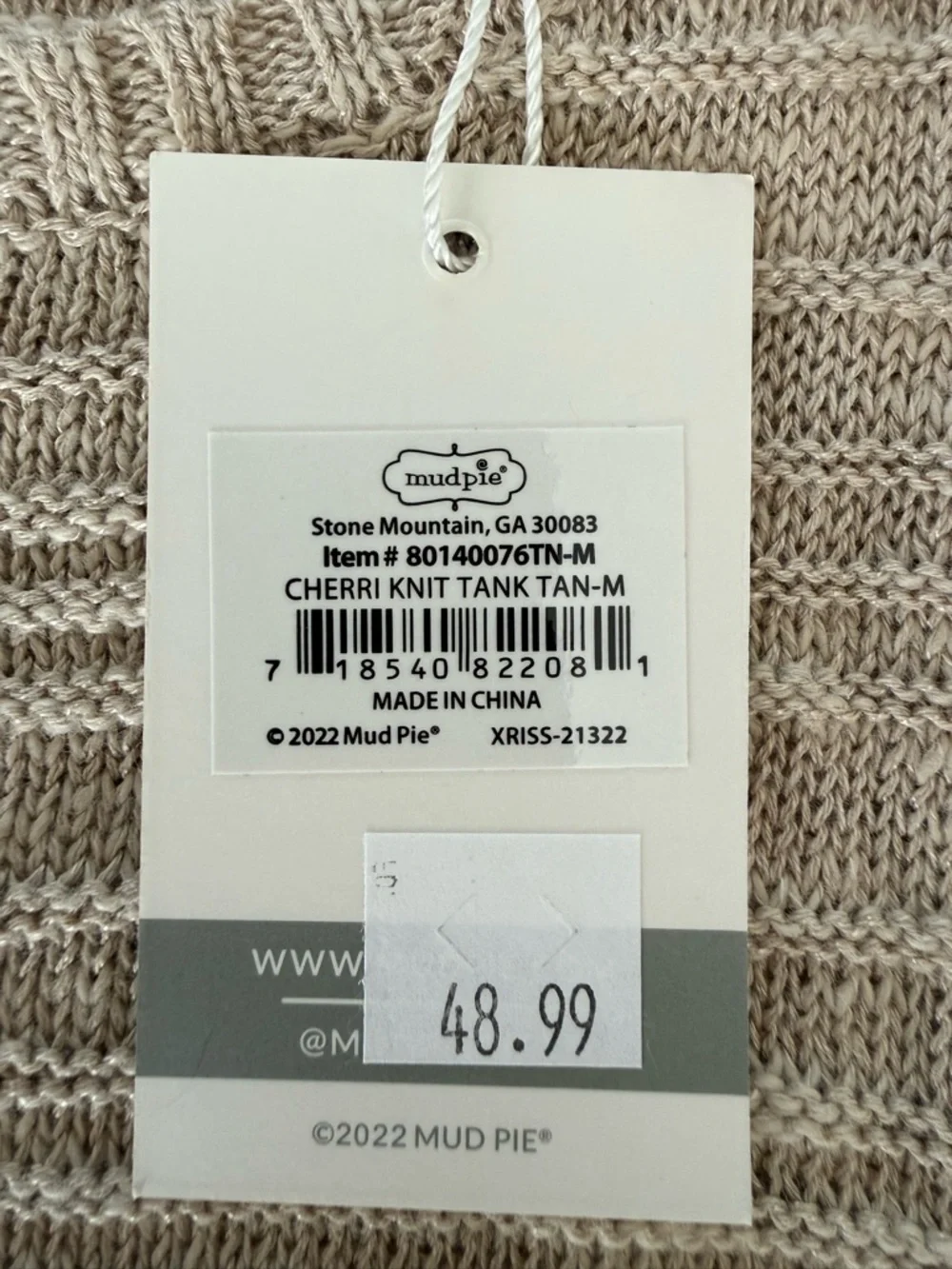 Mud Pie Tan Knit Tank Medium NWT Textured Cotton Blend Scoop Neck Neutral - Picture 6 of 7